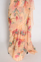 Diya : Soft Peach Floral Printed Chiffon Saree - Budget-Friendly Summer Drape