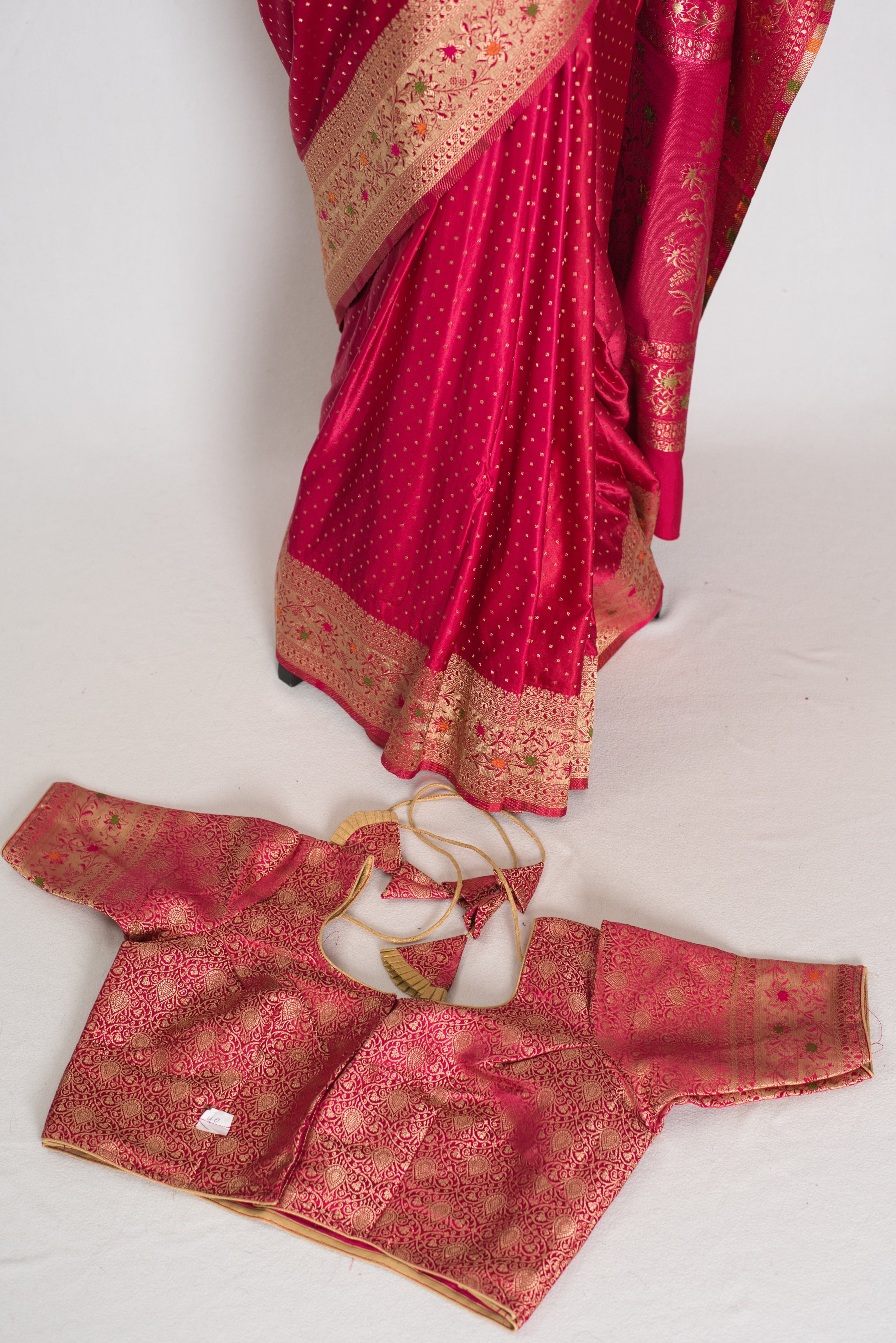 Rosy | Rose Pink Semi Mashru Banarasi Saree | Pre-Stitched Size 40 Blouse