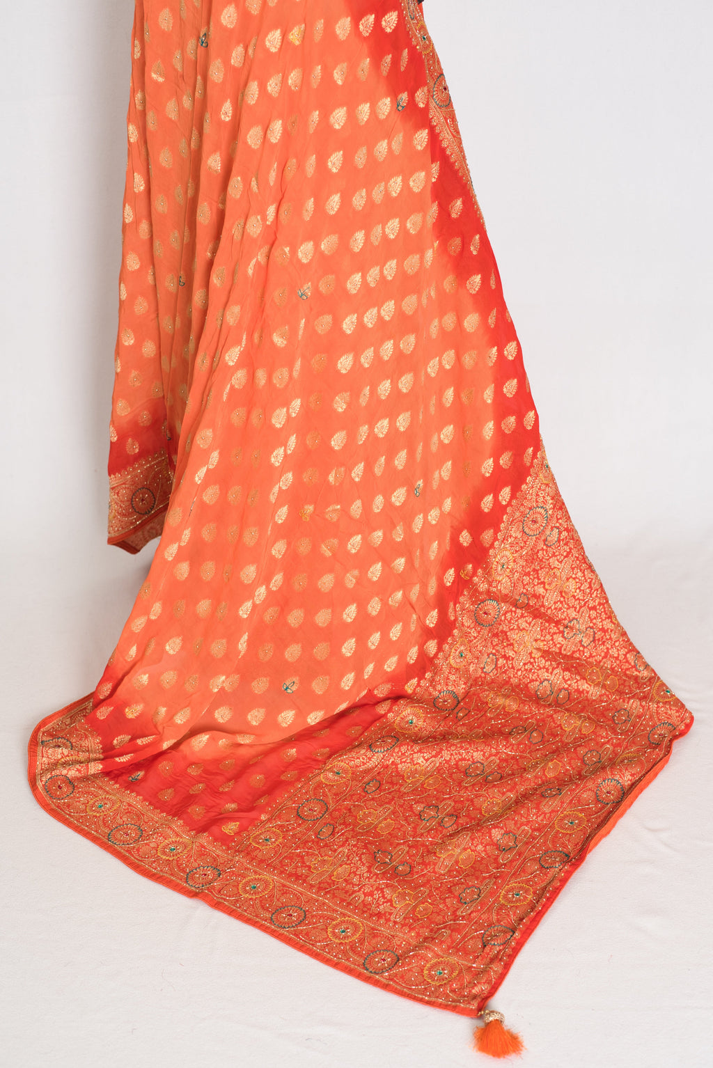Anisha | Orange Semi Khaddi Georgette Banarasi Saree | Embroidery Work