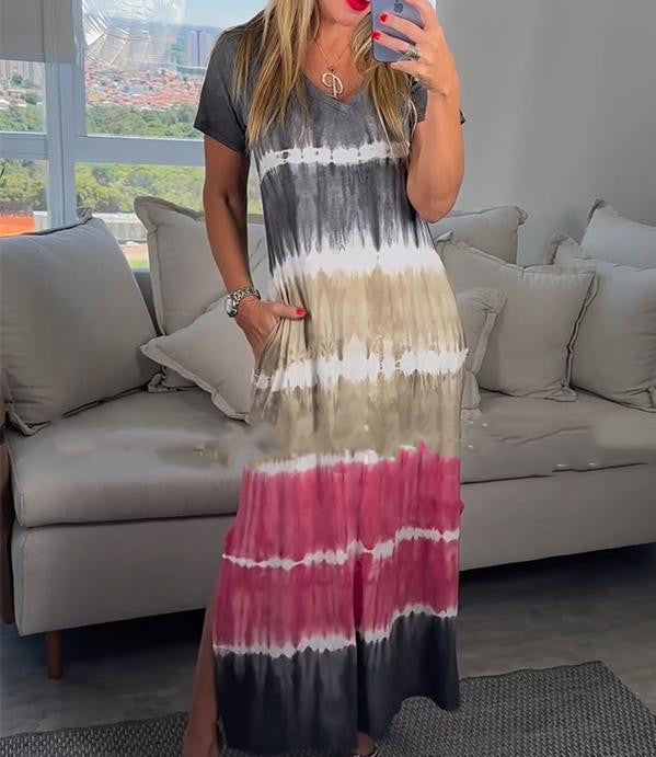 Summer V-neck Striped Printed Short Sleeve Plus Size Loose Dress
