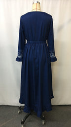 Denim Ethnic-Style Floral Print Lace-Up Vintage Dress