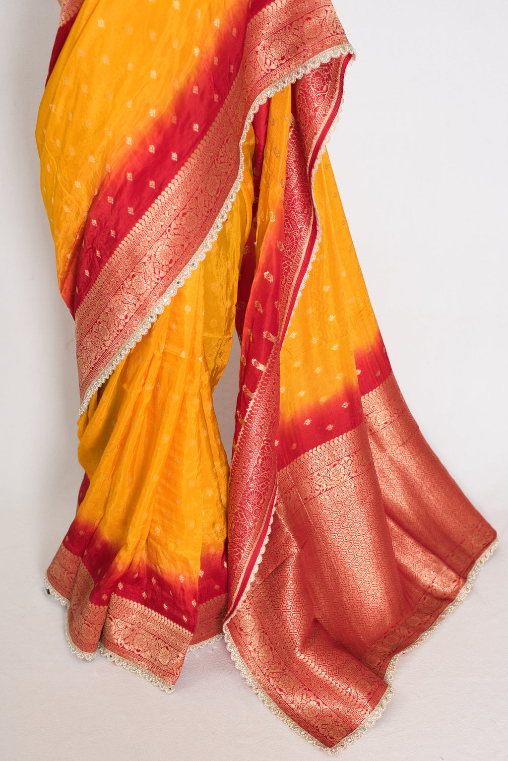 Mala | Yellow & Red Dola Silk Banarasi Saree | Soft & Flowy
