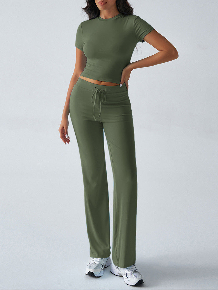 SpringSummer Elegant Solid Color Crew Neck Short Sleeve Top And Pants Set