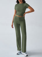 SpringSummer Elegant Solid Color Crew Neck Short Sleeve Top And Pants Set