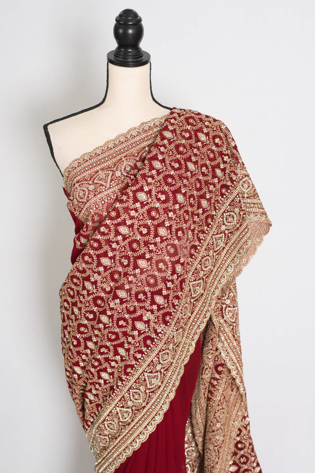 Mohey | Maroon and Gold Georgette Bridal Saree | Elegant Royal Festive Wear