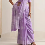 Indian Women's Thin Performance Printed Cotton Light Purple Sari