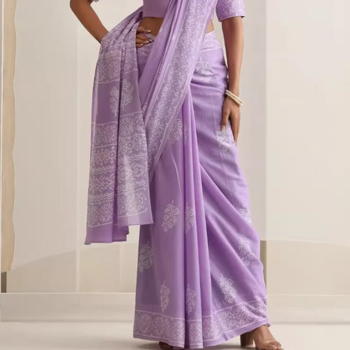 Indian Women's Thin Performance Printed Cotton Light Purple Sari