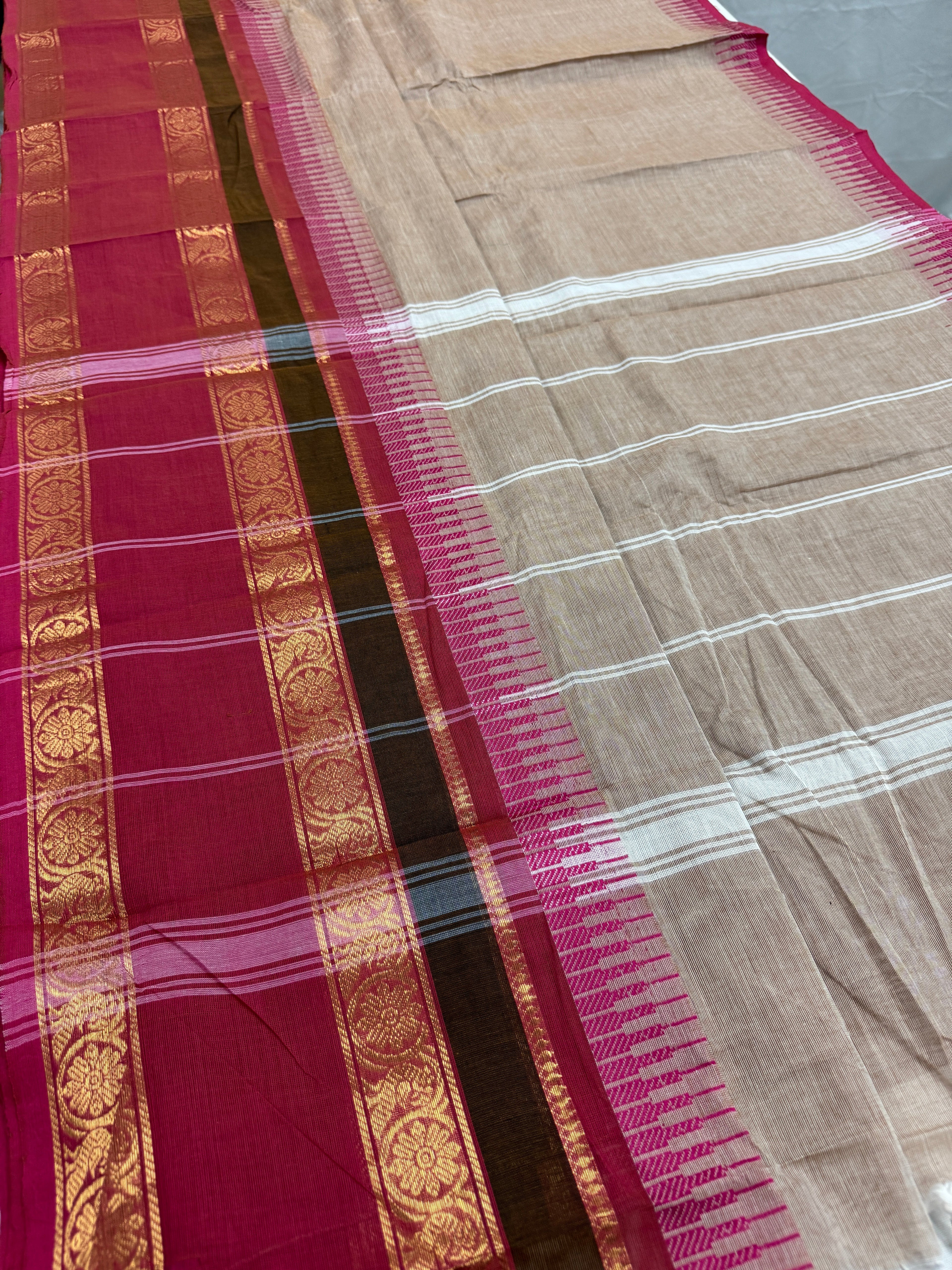 Avvai : Light Brown Kanchi Cotton Saree - Handwoven South Indian Elegance