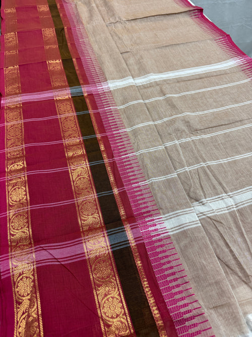 Avvai : Light Brown Kanchi Cotton Saree - Handwoven South Indian Elegance