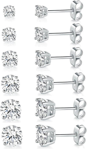 18K White Gold Plated round Cubic Zirconia Stud Earrings Pack, 6 Pairs