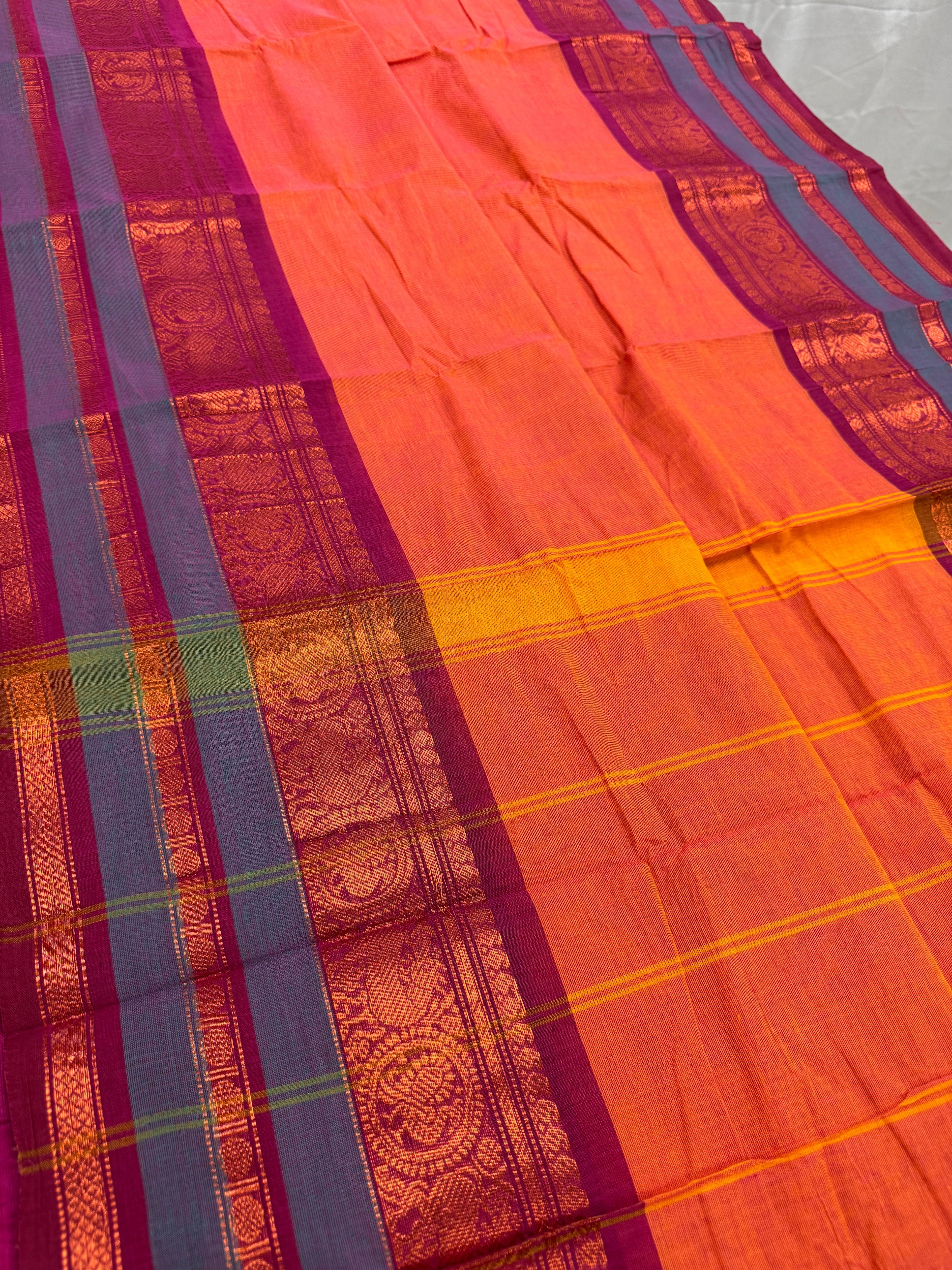 Malathi : Handwoven Kanchi Cotton Saree in Orange and Magenta