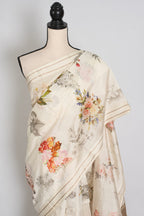 Sheuli : Ivory White Floral Printed Banarasi Katan Silk Saree