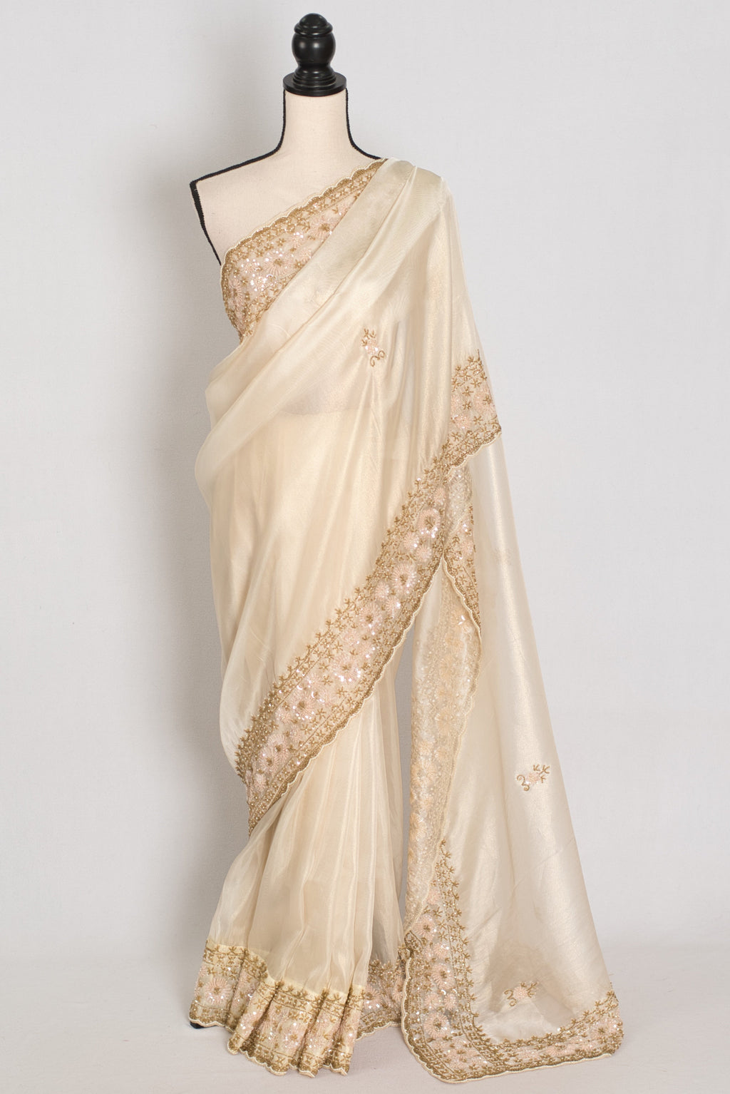 Shruti | Cream & Gold Soft Tissue Embroidered Wedding Saree | Pastel Collection