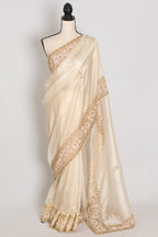 Shruti | Cream & Gold Soft Tissue Embroidered Wedding Saree | Pastel Collection