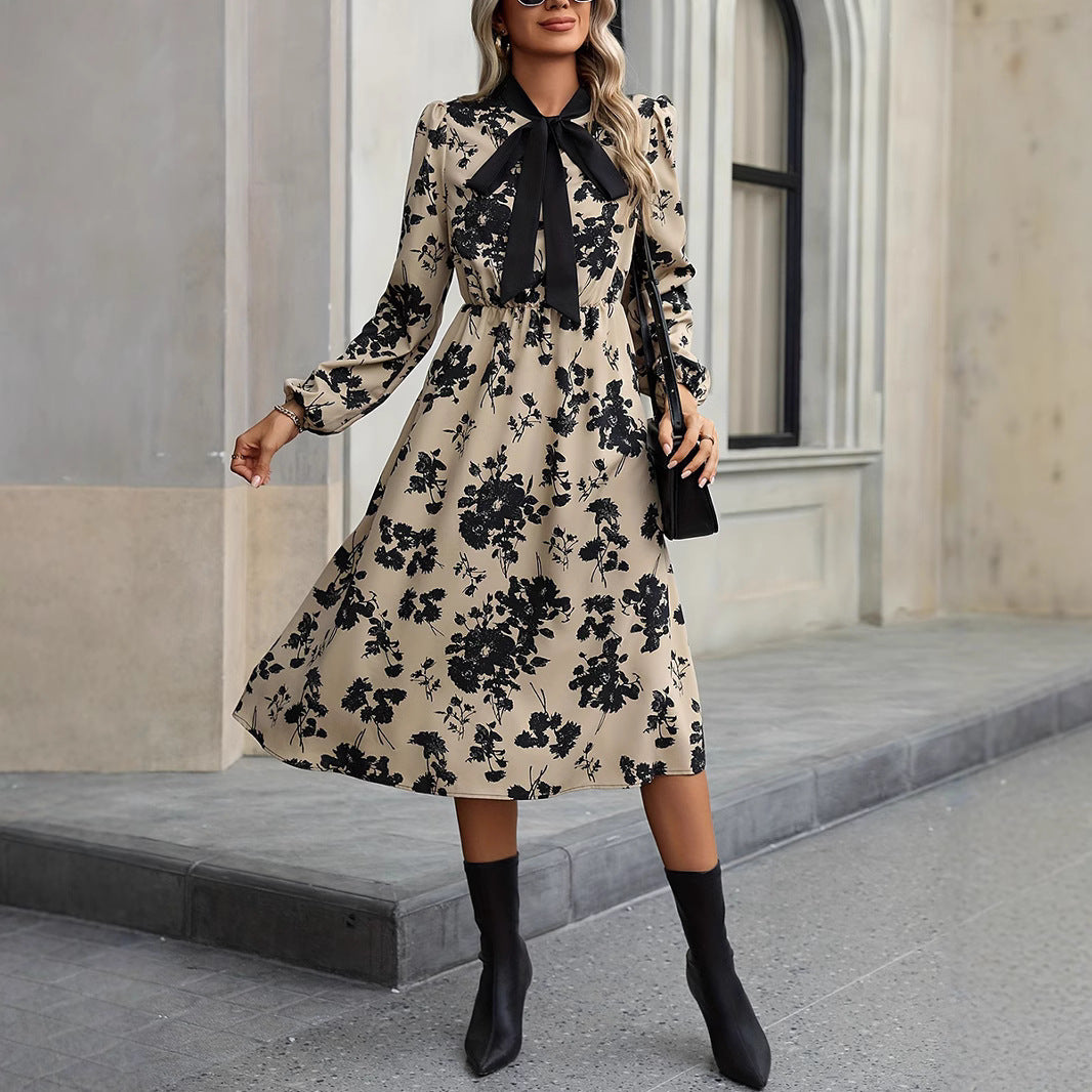 Womens Mid-Length A-Line Dress With Long Sleeves Neck Tie And Lacing