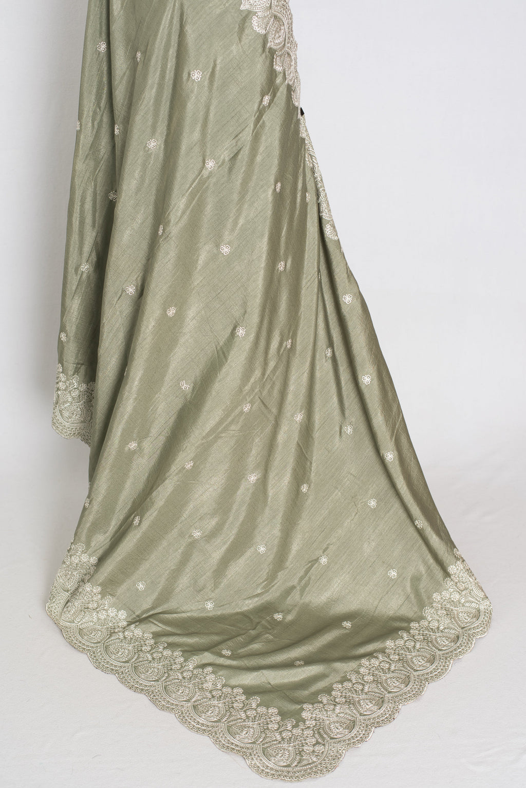 Hema | Sage Green Semi Tussar Silk Saree | Machine Embroidery & Scalloped Border