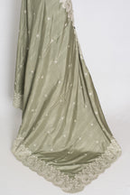 Hema | Sage Green Semi Tussar Silk Saree | Machine Embroidery & Scalloped Border