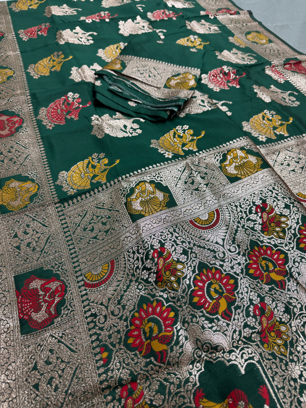 Rupa : Bottle Green Budget Friendly Baluchari Saree in Blended Silk