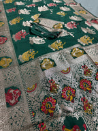 Rupa : Bottle Green Budget Friendly Baluchari Saree in Blended Silk