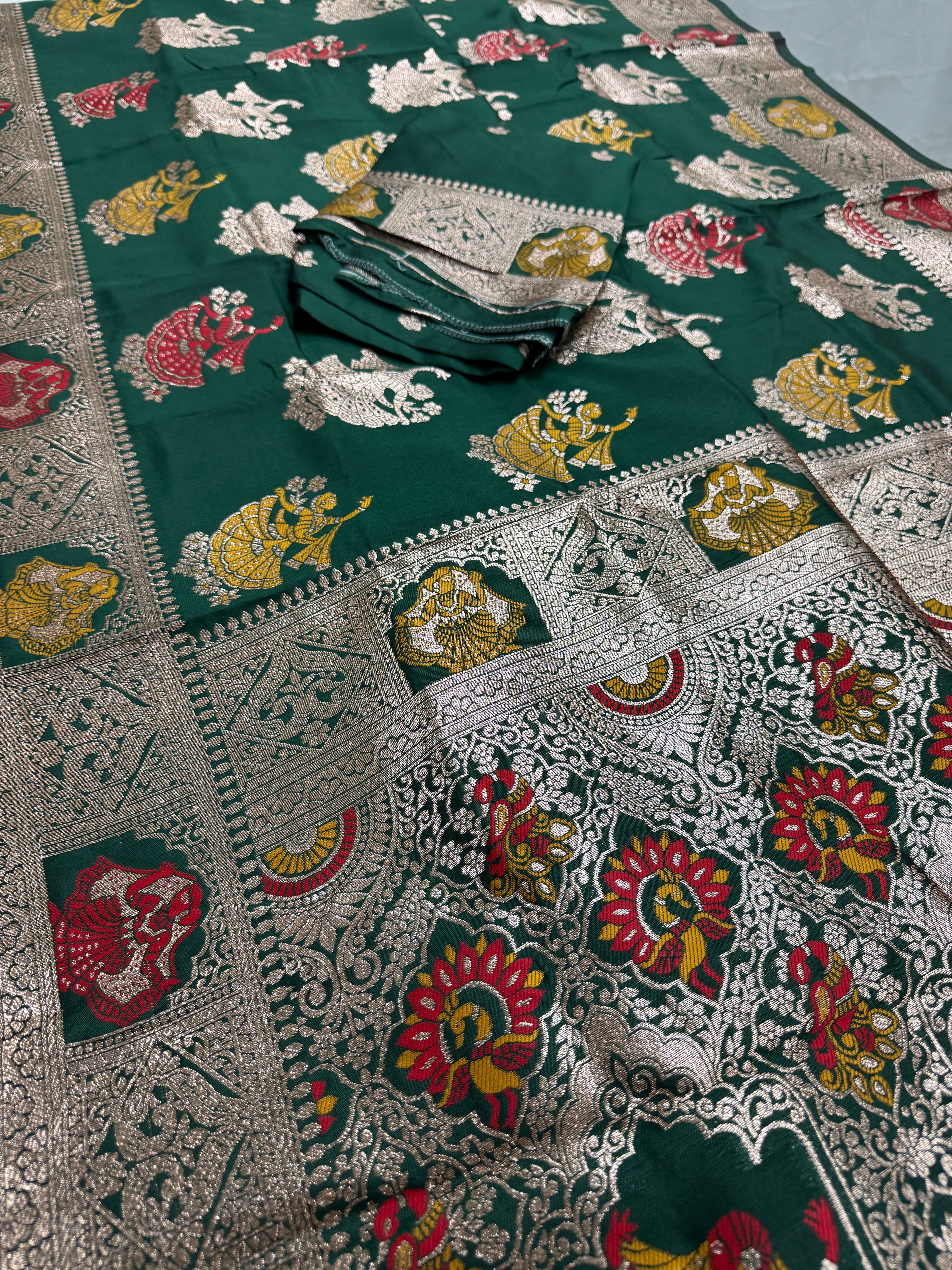 Rupa : Bottle Green Budget Friendly Baluchari Saree in Blended Silk