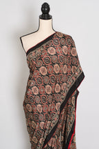 Aliya | Black Ajrakh Printed Mirror Work Saree| Bollywood Inspired Partywear