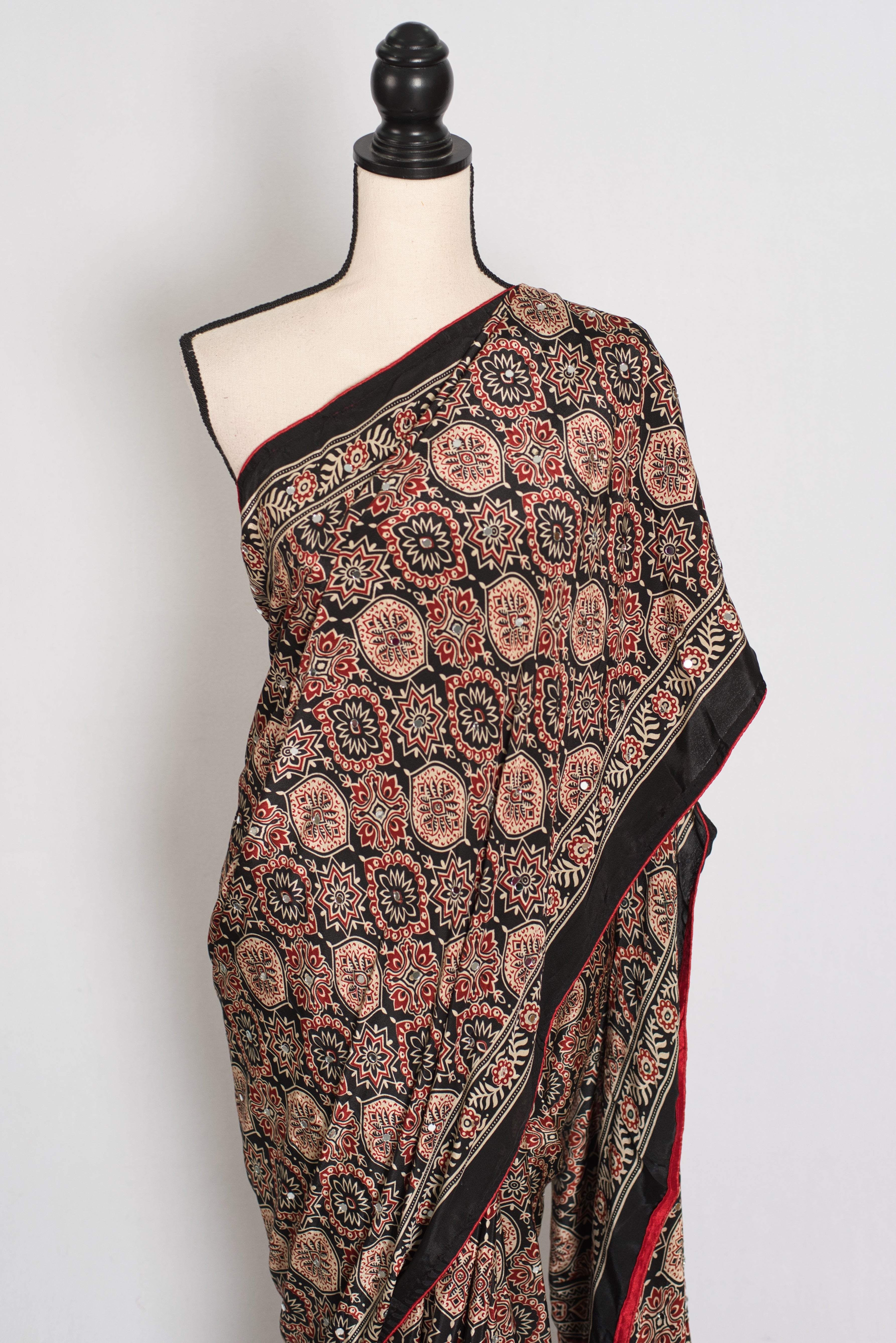 Aliya | Black Ajrakh Printed Mirror Work Saree| Bollywood Inspired Partywear
