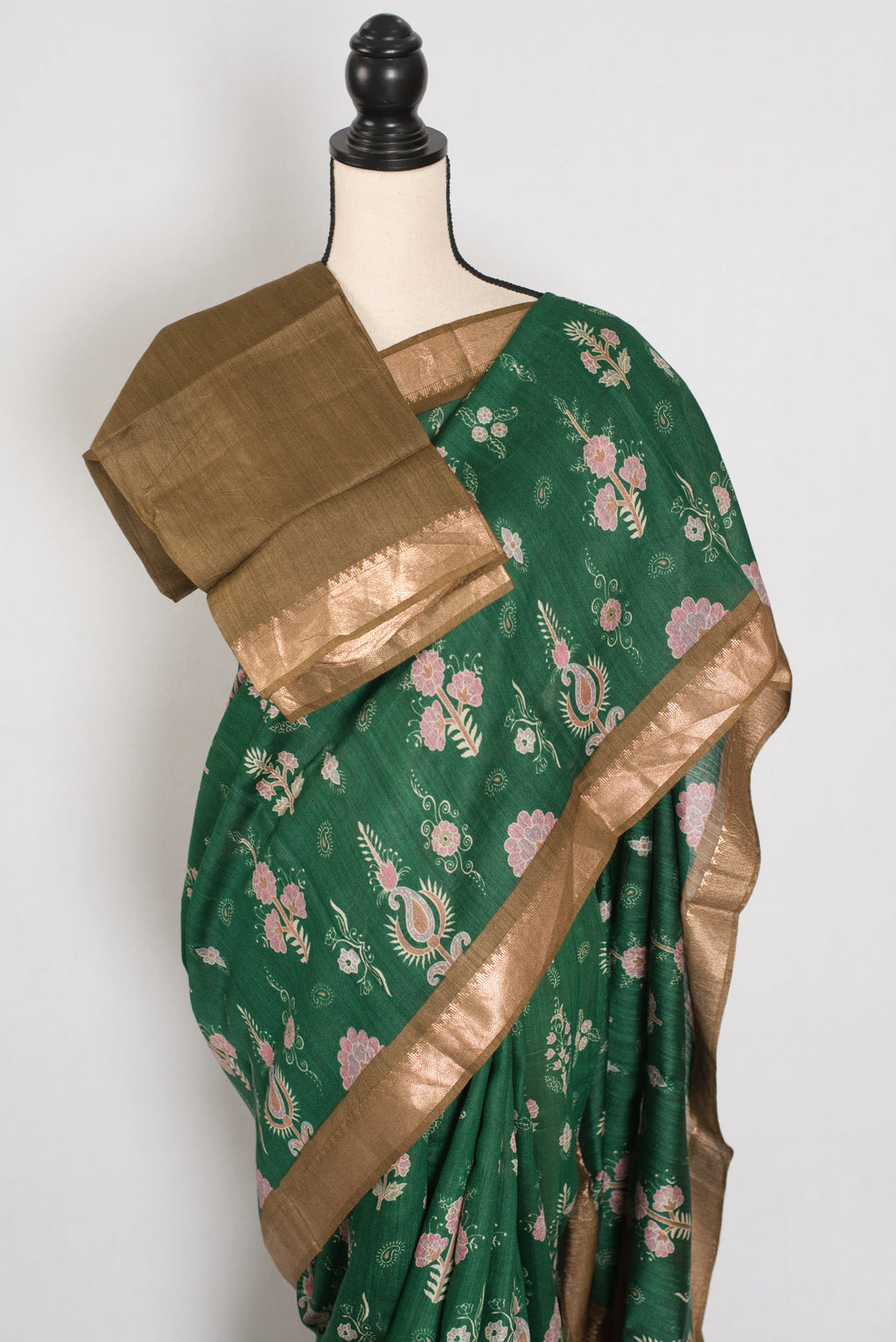 Ahalya | Forest Green Pure Muga Tussar Silk Saree | Contemporary Abstract Prints
