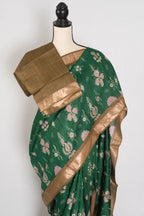 Ahalya | Forest Green Pure Muga Tussar Silk Saree | Contemporary Abstract Prints