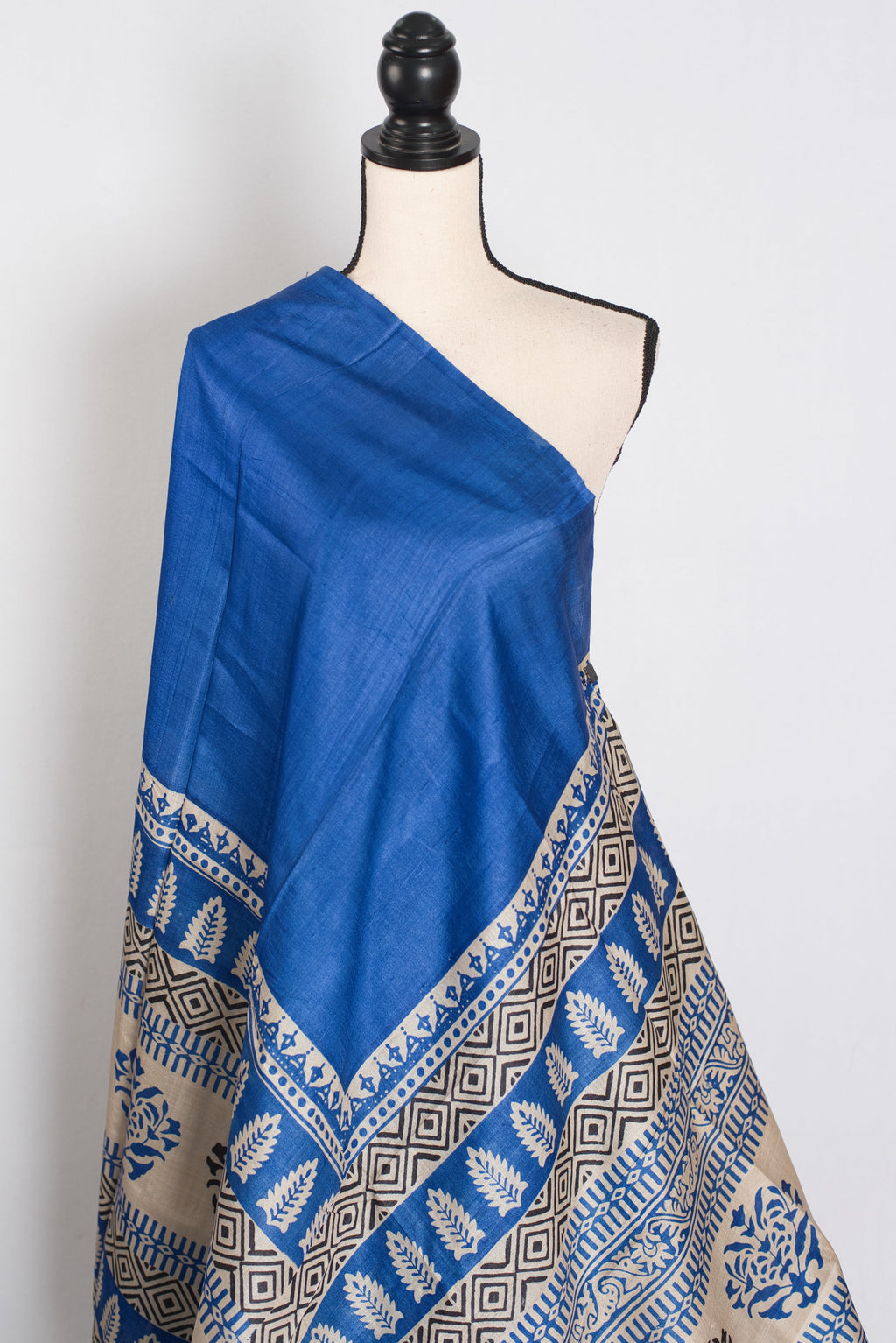 Mati Blue and White Hand Block Printed Tussar Silk Saree with 38 Size Blouse