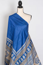 Mati Blue and White Hand Block Printed Tussar Silk Saree with 38 Size Blouse