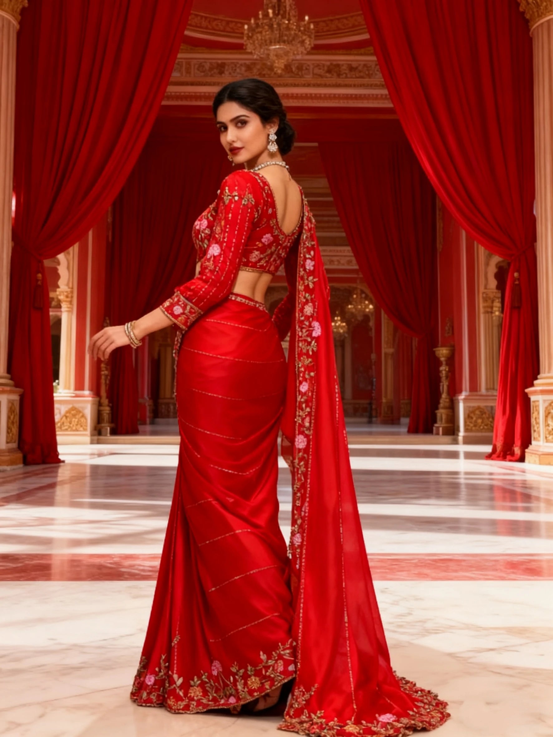 Customised Middle Eastern Wedding Dresses 2025 Red Floral Embroidered Indian Saree Bridal Evening Gowns