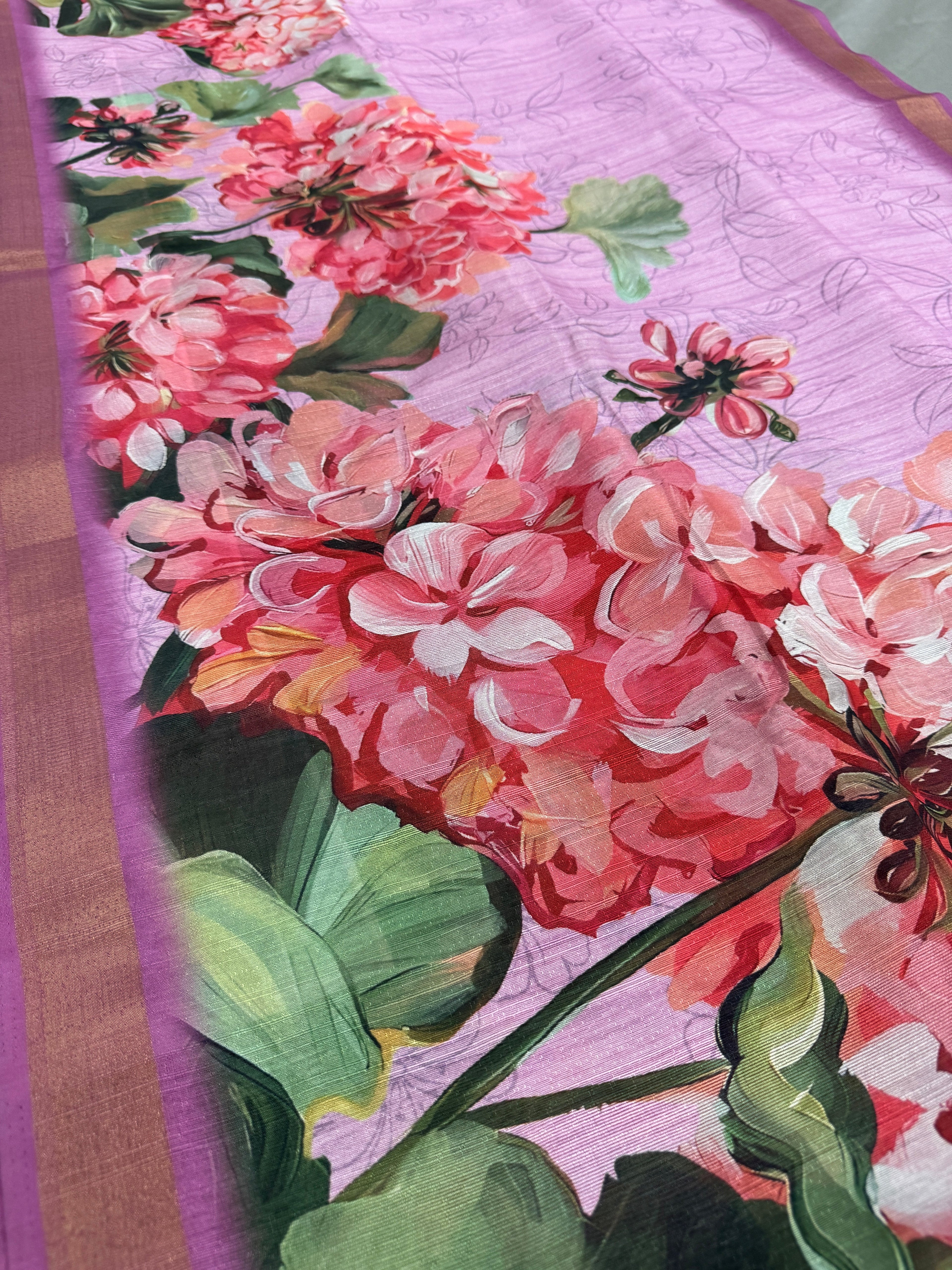 Lila | Lavender & Pink Floral Printed Semi Tussar Saree