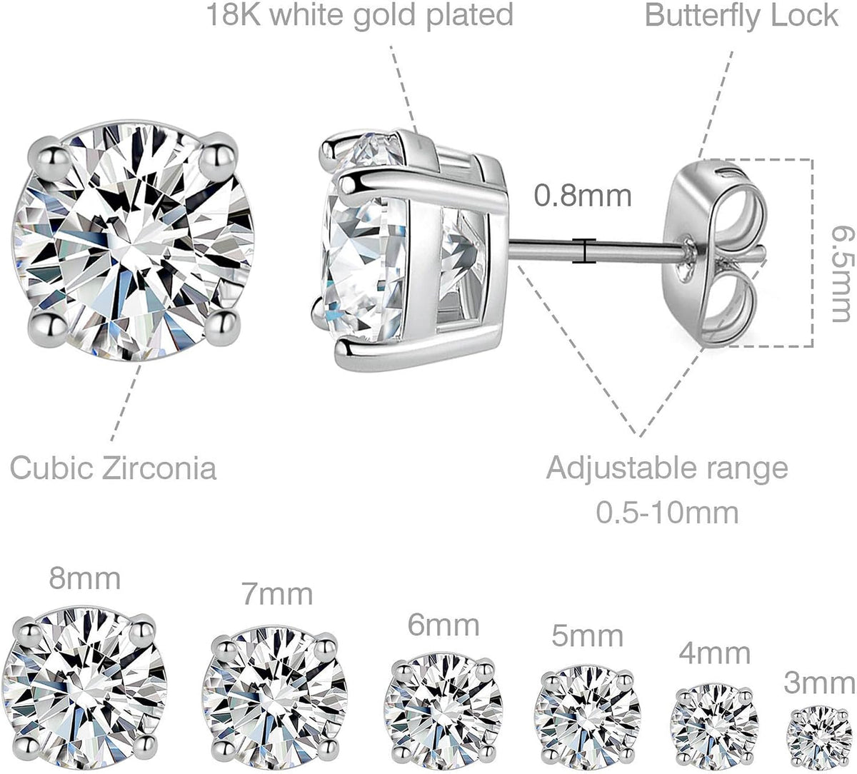 18K White Gold Plated round Cubic Zirconia Stud Earrings Pack, 6 Pairs