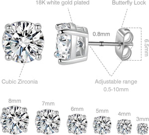 18K White Gold Plated round Cubic Zirconia Stud Earrings Pack, 6 Pairs
