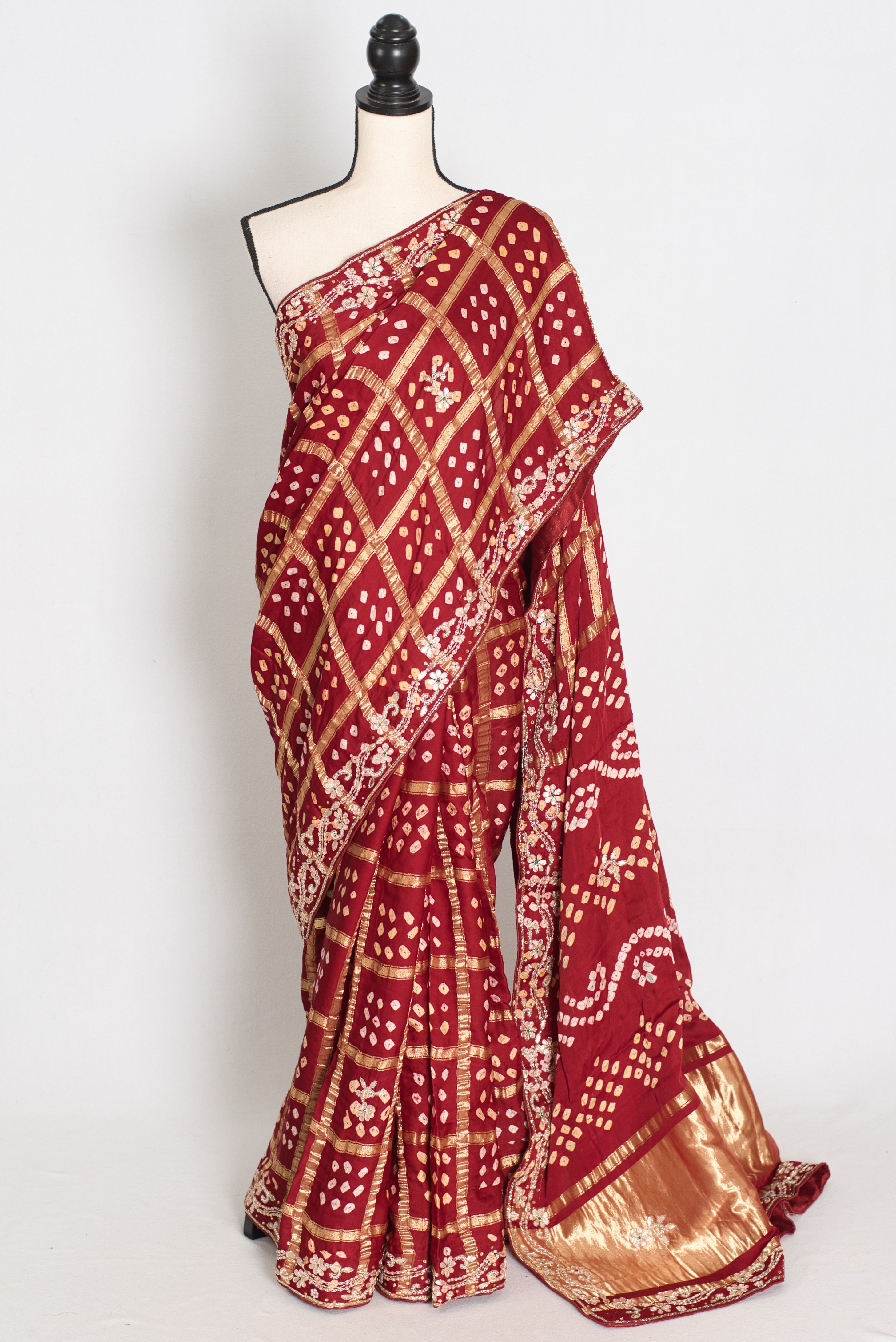 Roshni | Maroon Gharchola Gajji Silk Saree | Zardosi Gota Patti Hand Embroidery