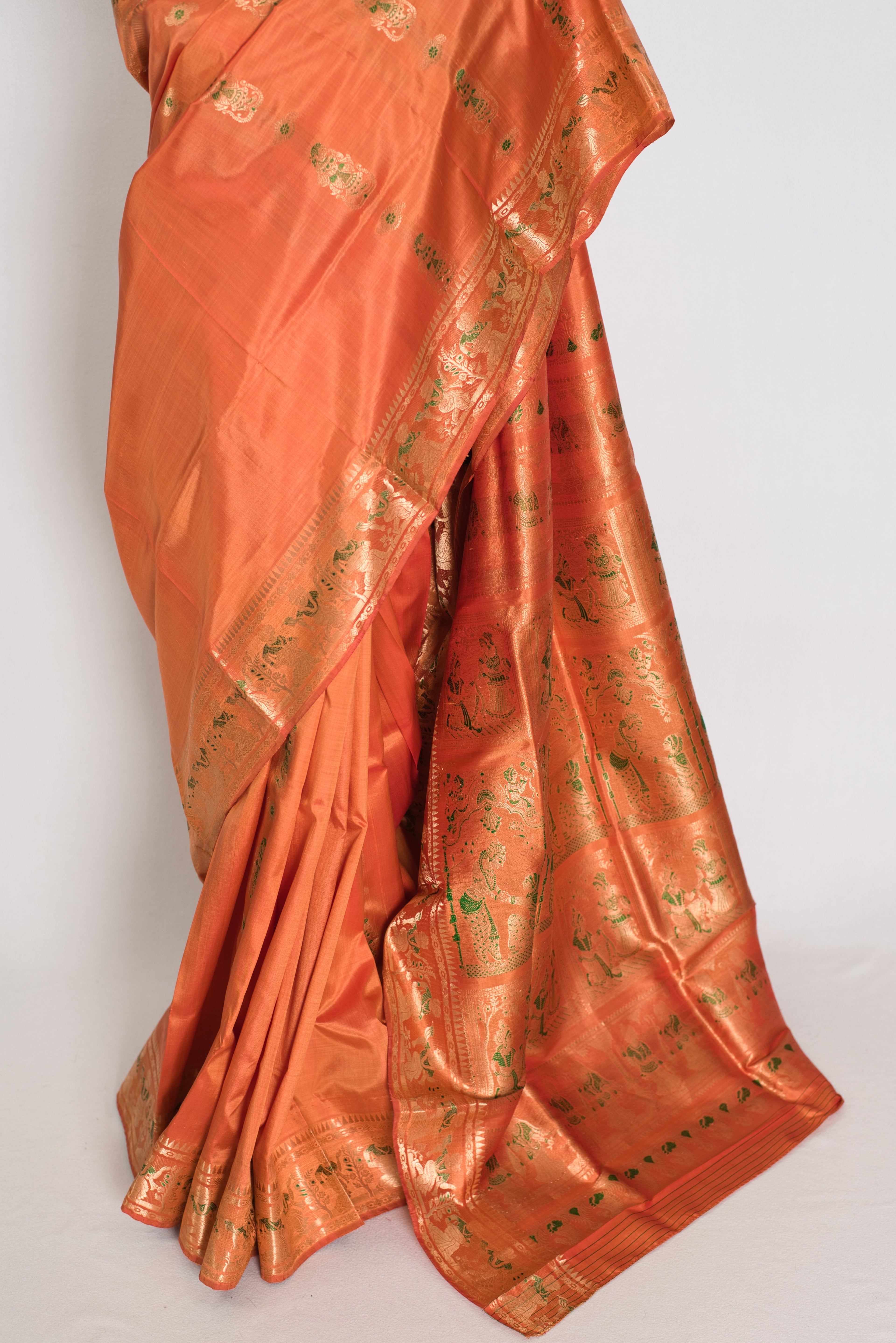 Gauri | Orange and Green Handwoven Bishnupuri Minakari Swarnachari Silk Saree
