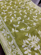 Leela : Lime Green and White Blended Soft Cotton Jamdani Saree