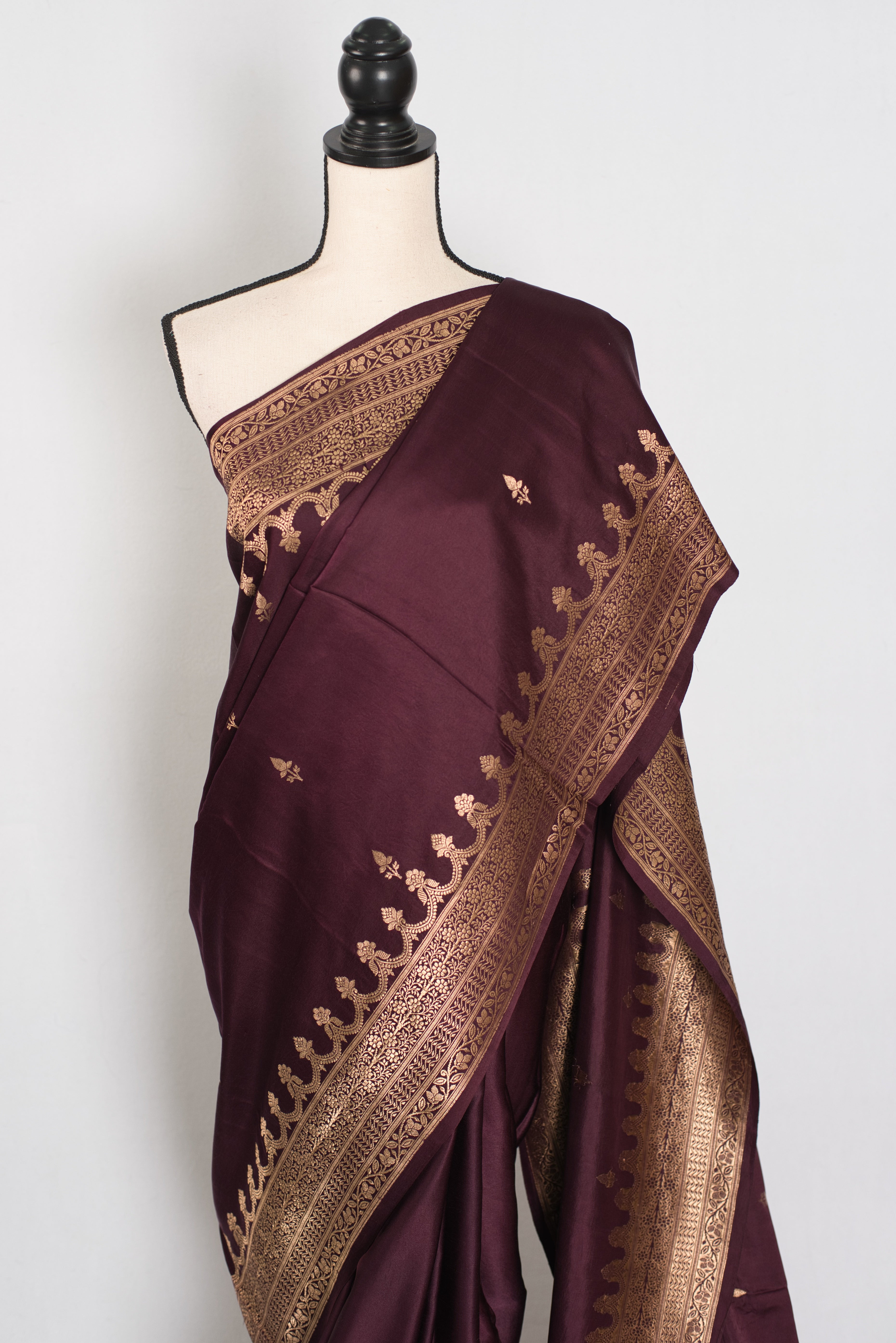 Ruuh | Wine Premium Mashru Banarasi Silk Saree | Antique Gold Zari Weaving