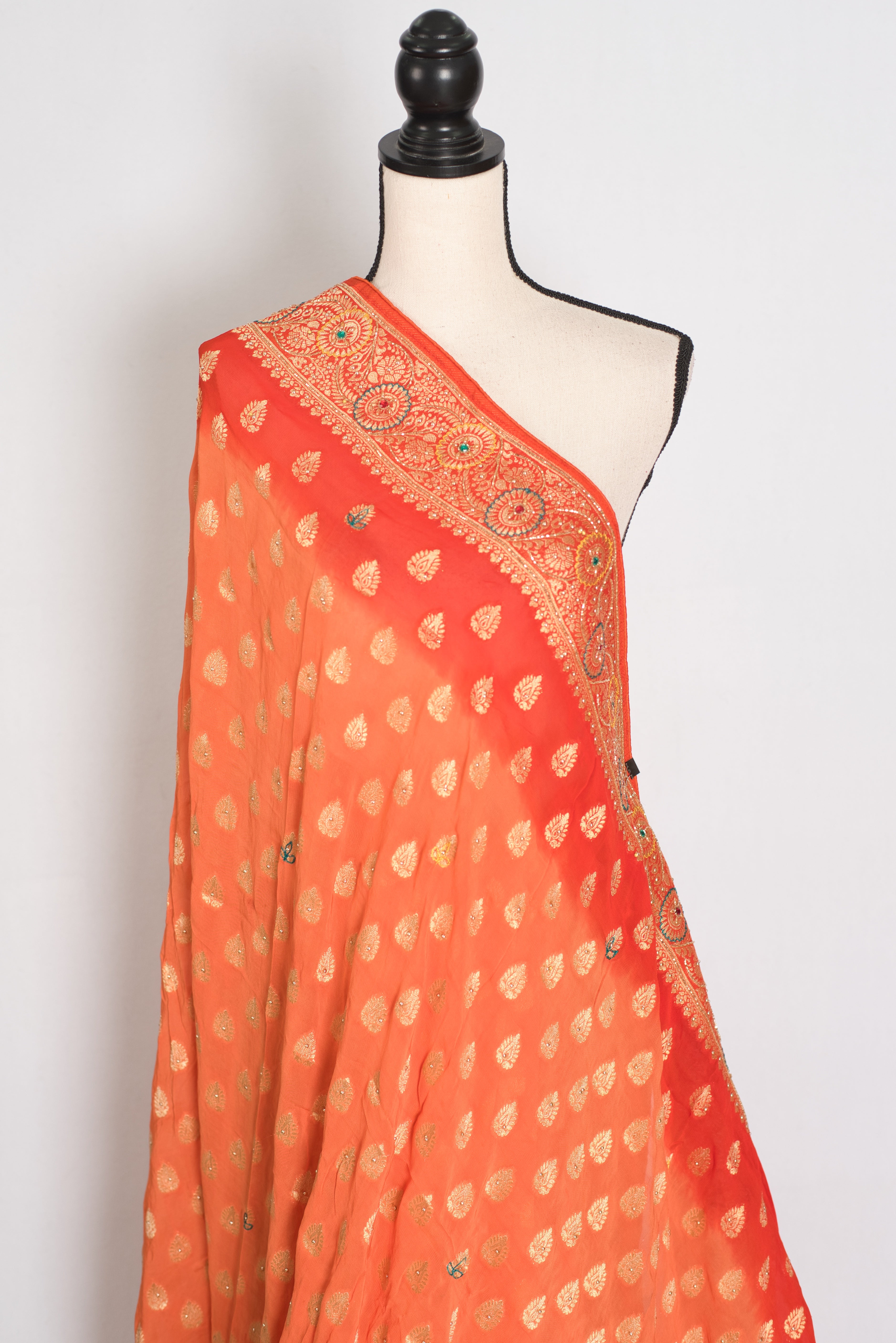 Anisha | Orange Semi Khaddi Georgette Banarasi Saree | Embroidery Work