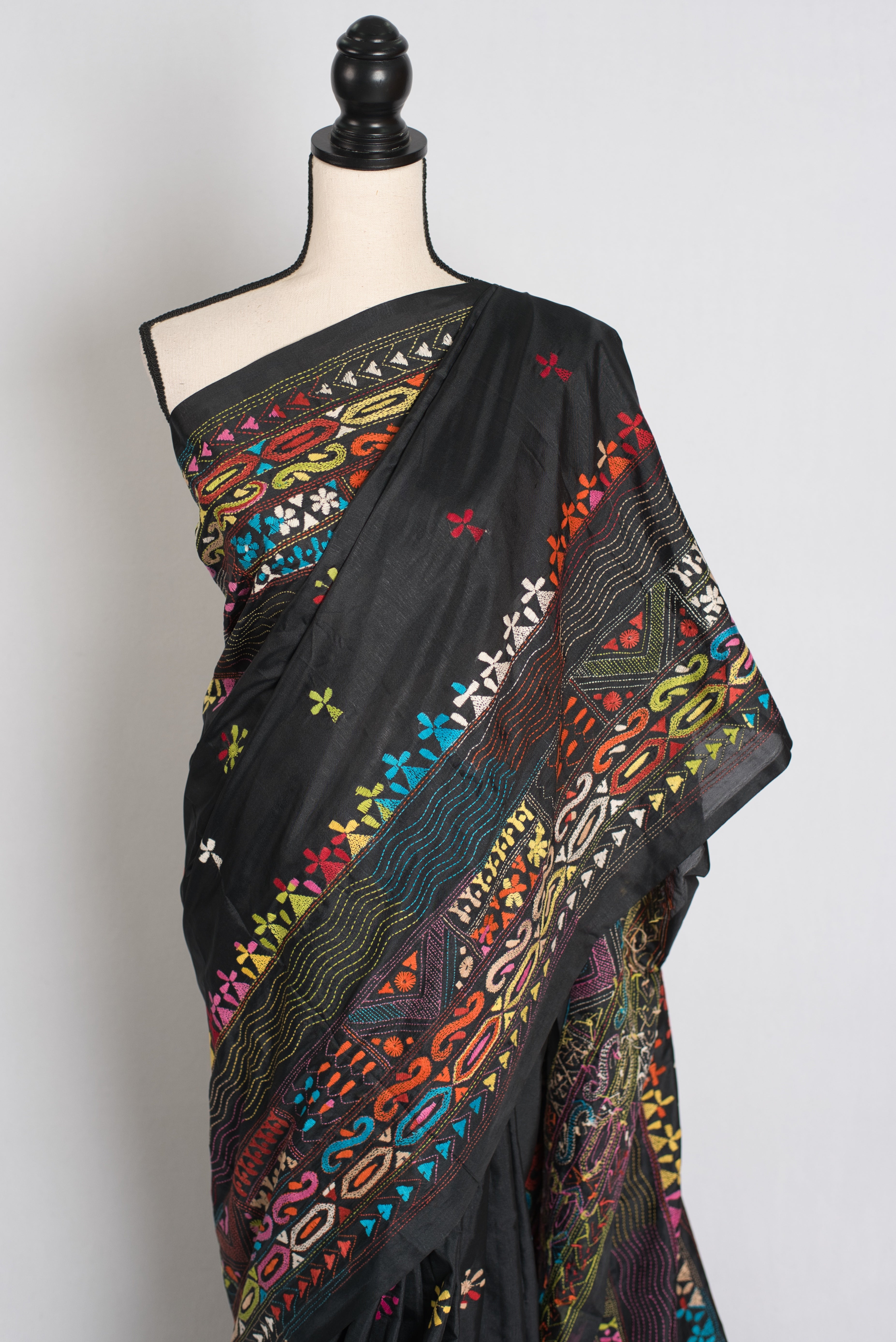 Bidisha : Black Blended Silk Saree with Lambani Hand Embroidery
