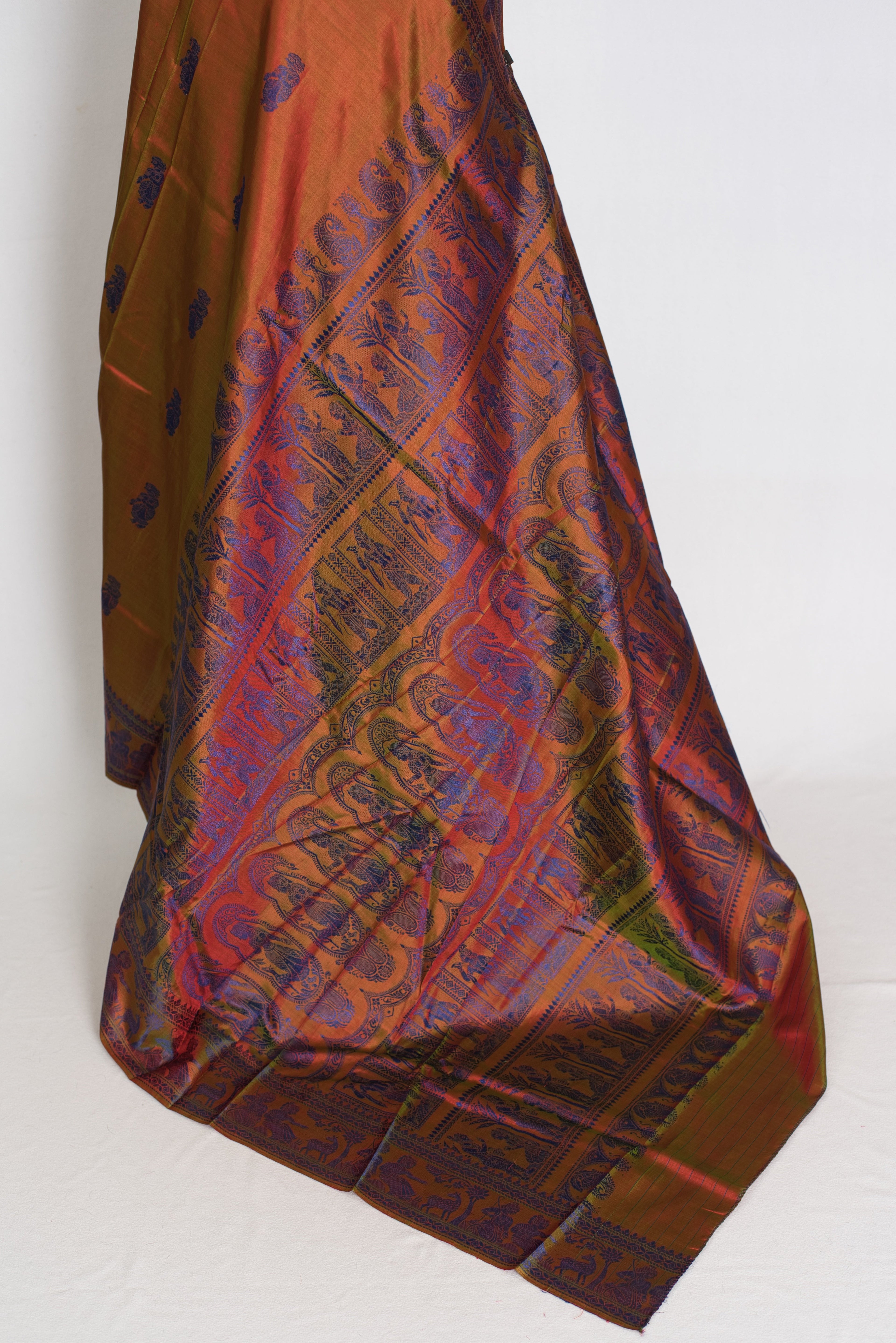 Nita | Brown and Blue Handwoven Baluchari Silk Saree with Blue Minakari Detail