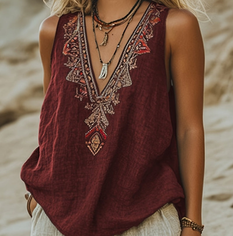 Women's Bohemian Retro V-neck Sleeveless Loose Vest