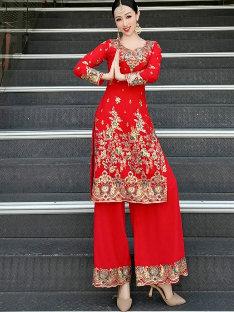 Female Indian Traditional Dance Dress Long Sleeve Tops Pants Bollywood Dance Saree Veil Suit Belly Dance Stage Clothing DQL10759