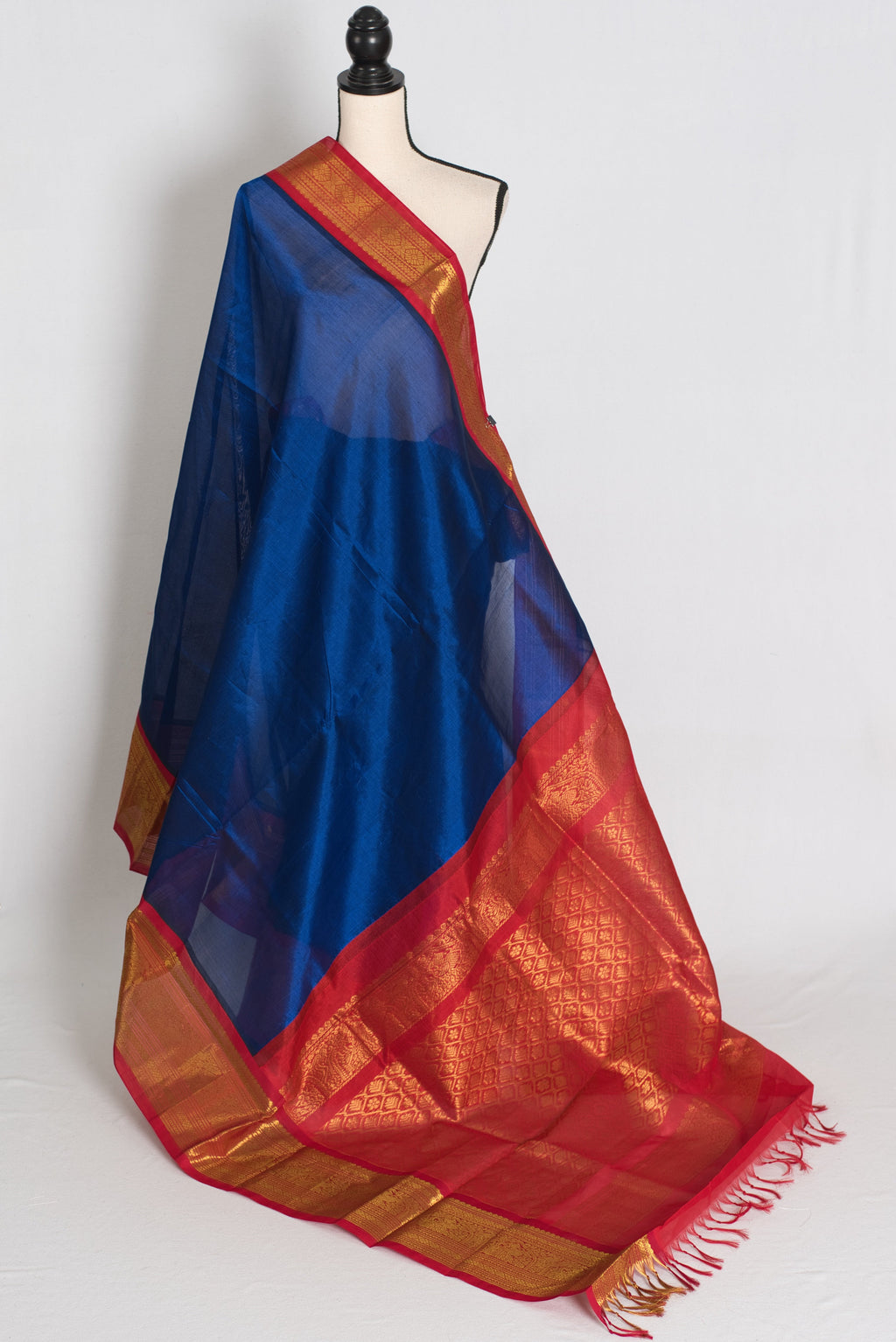 Mala : Royal Blue and Red Cotton Silk Kanjivaram Saree with 38 Size Blouse