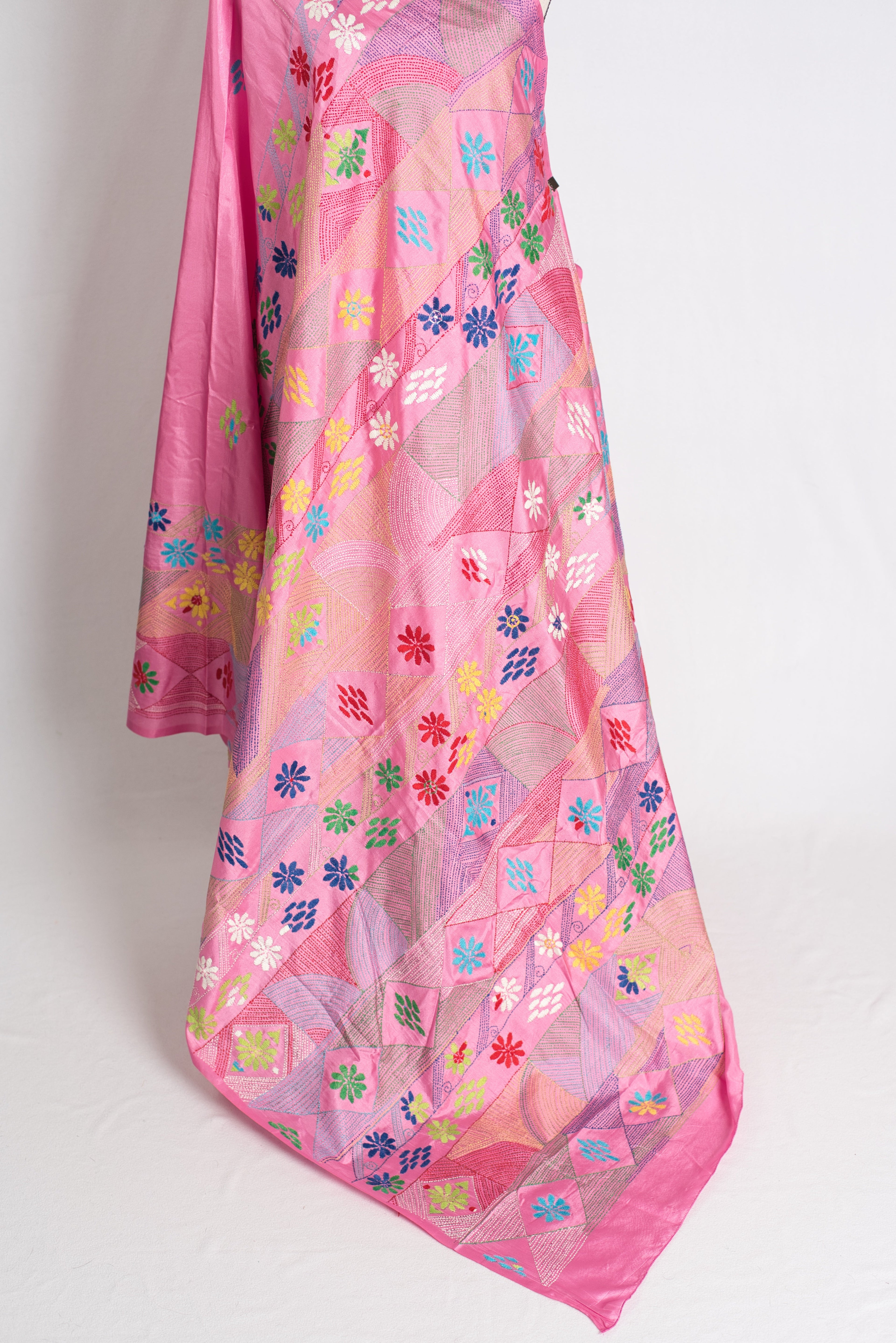 Amira : Pink Blended Silk Saree with Hand Embroidery Lambani Work Saree