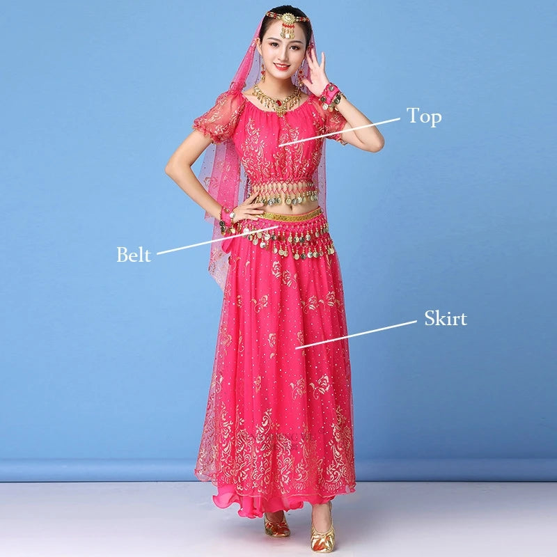 Bollywood Dress Costume Women Indian Dance Set Belly Dance Sari Clothing Belly Dance Performance Clothes Chiffon Dance Set New