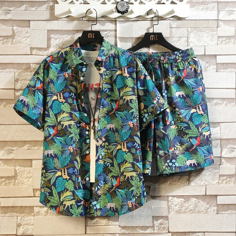Men'ssummer Tropicalprinted Short Sleeved Shirt and Shorts Setcasual and Fashionablesuitable for Beach Vacationsand Dailyoutings