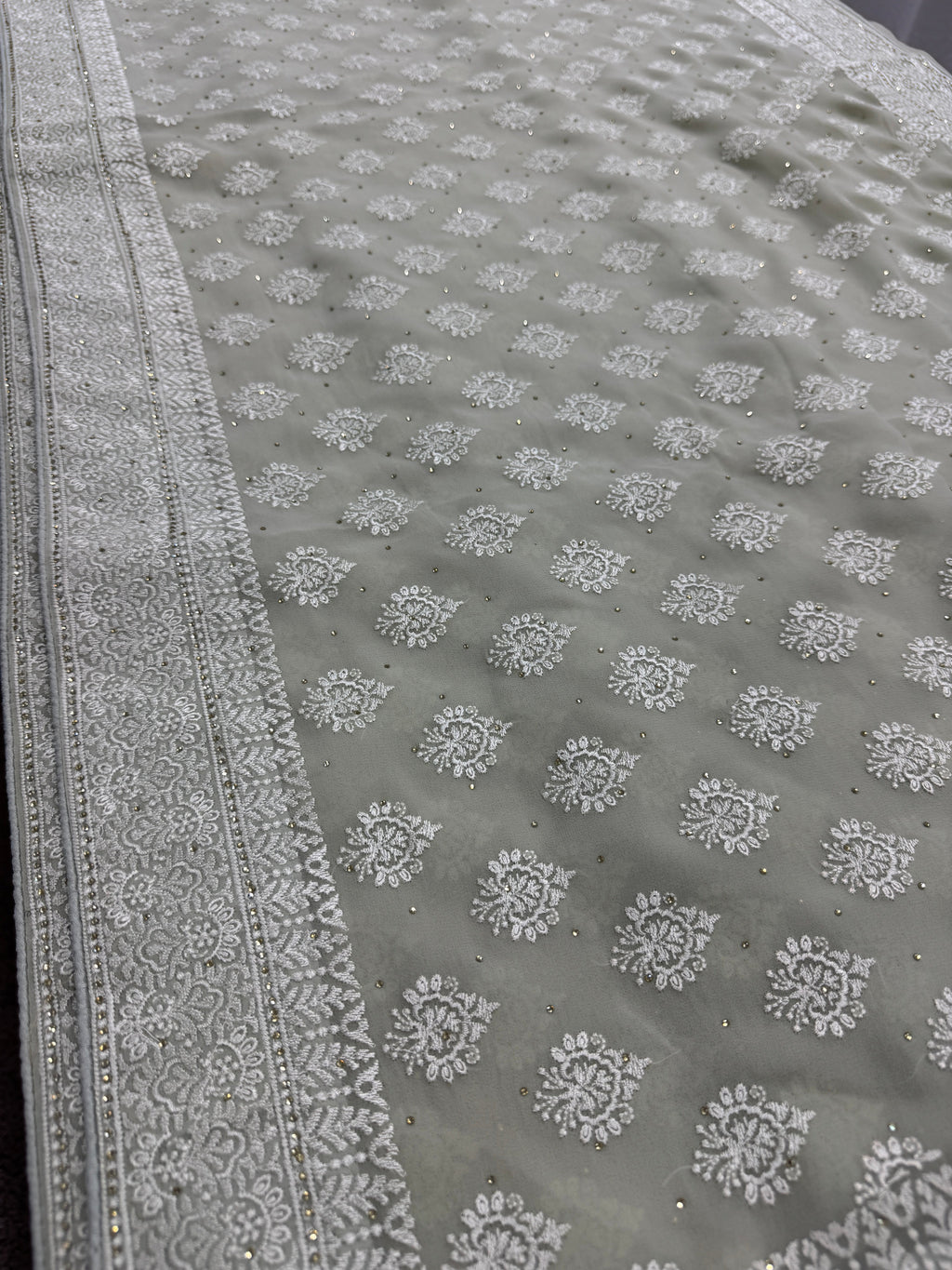 Medha | Sage Green Georgette Cocktail Saree | Elegant Pastel Floral Bootis