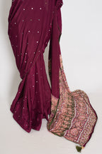 Naheed | Wine Color Mirror Work Partywear Ajrakh Saree | Bollywood Inspired