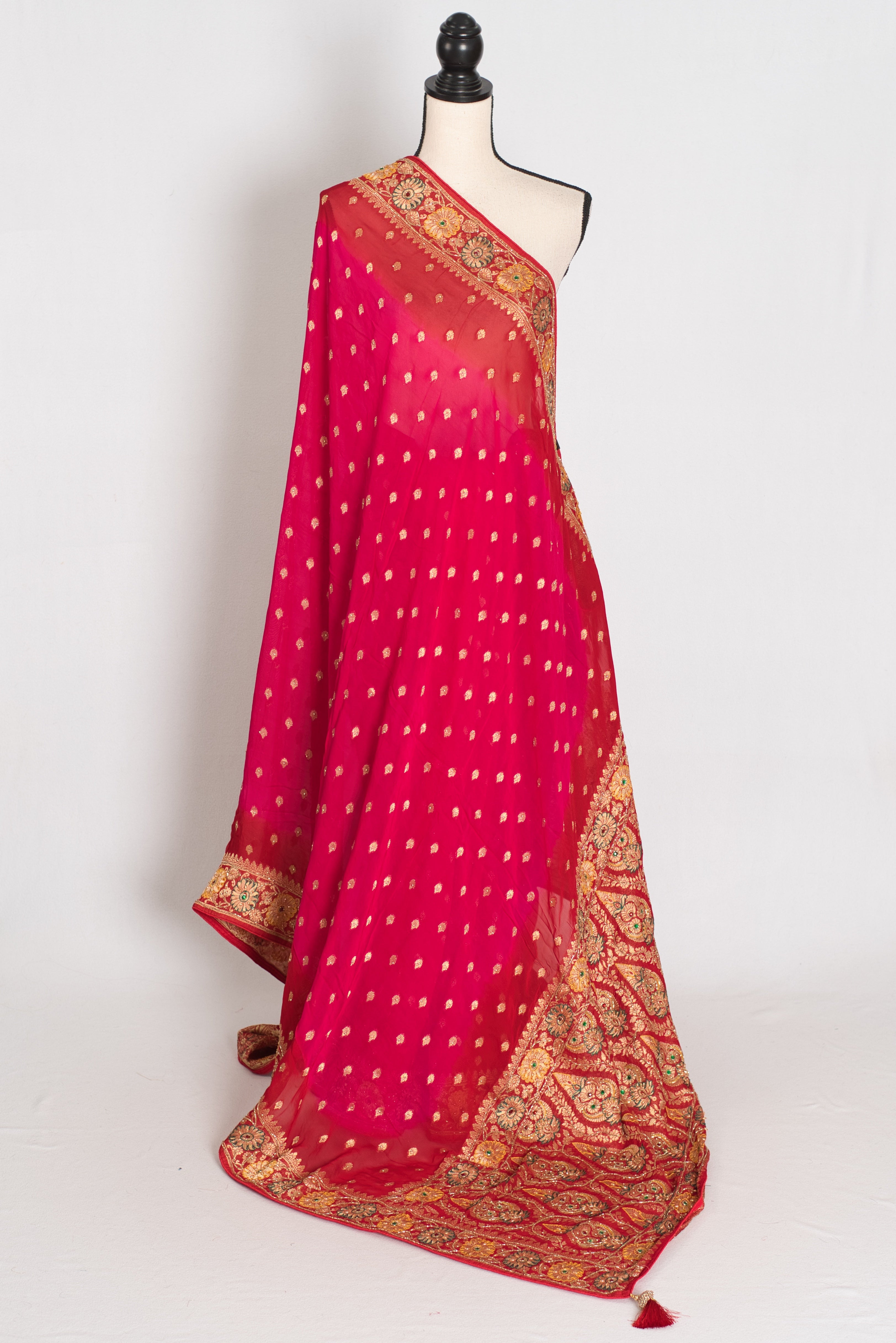 Nadira | Dark Pink & Red Crepe Georgette Banarasi Saree | Hand-Embroidery
